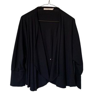 Large 3/4 sleeve black crop sweater with shawl collar & studded back pleats